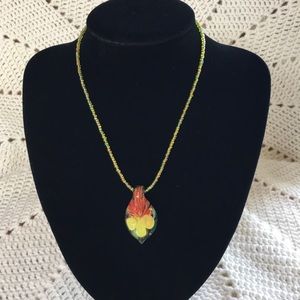 Yellow Beaded Necklace with Glass Pendant